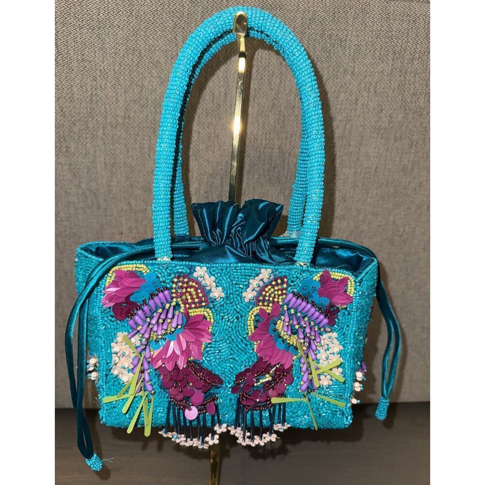 Aqua Beaded NWT Viral Handcrafted in India Embellished Drawstring Mini Handbag
